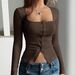 Women's Square Neck Long Sleeve Knit Top Slim Fit Solid Color Base Shirt For Autumn Winter_ecoleips.com