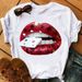 New European And American Cross-border Colorful Lips Cute Simple Plus-size Women's White Regular Shoulder Short-sleeve_ecoleips.com