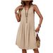 Spring/Summer Women's Pleated Sleeveless Crew Neck Casual Solid Color Cotton-Linen Dress A-Line Dress_ecoleips.com