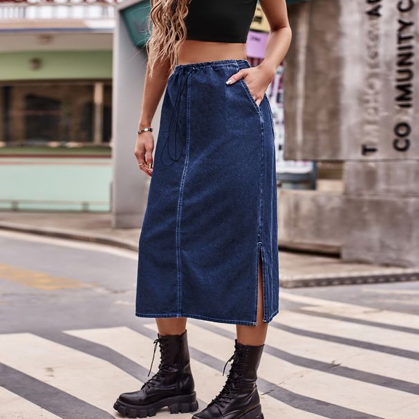 Verve Women's New Style Semi-Elastic Waist Drawstring Denim Midi Skirt_ecoleips.com