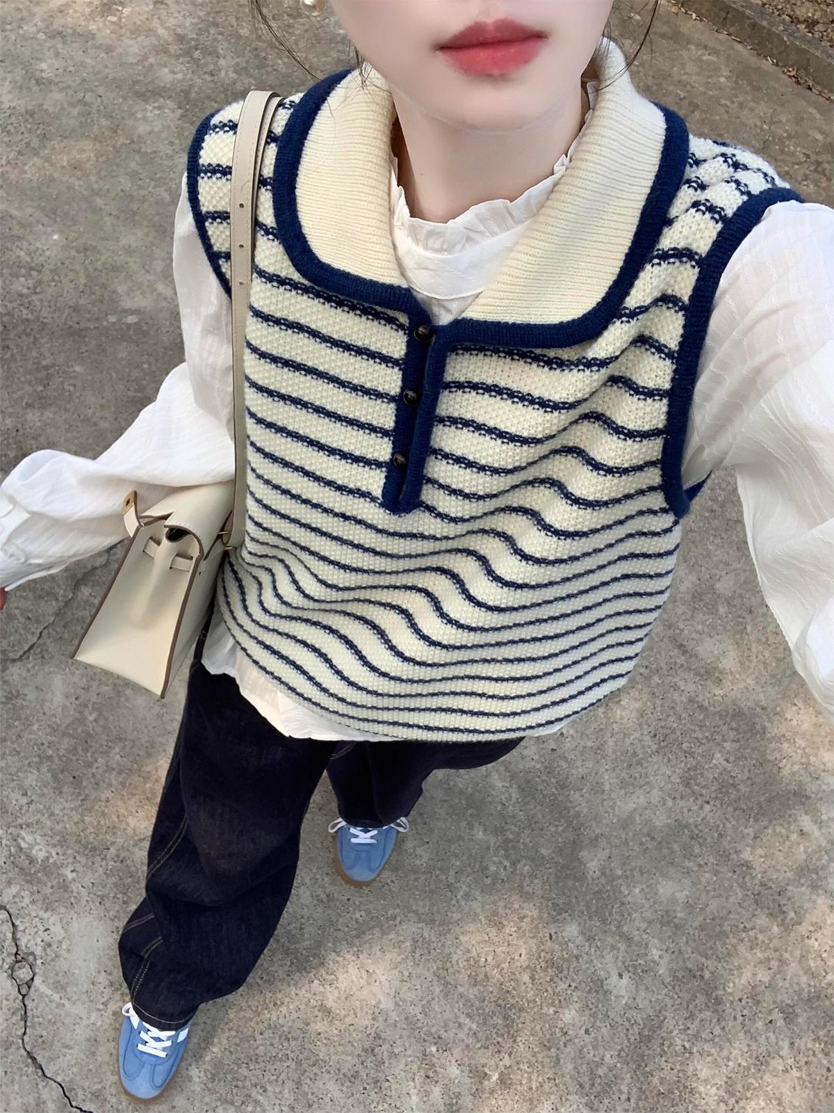 Korean-style Blue Striped Lapel Knitted Vest Women, Suitable Early Autumn, Layered Wear For Petite Figures, Sleeveless_ecoleips.com