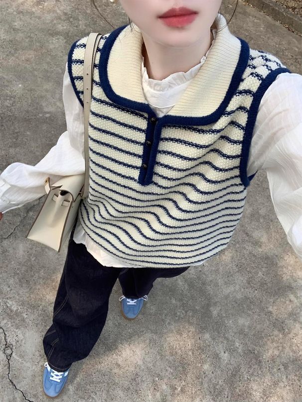 Korean-style Blue Striped Lapel Knitted Vest Women, Suitable Early Autumn, Layered Wear For Petite Figures, Sleeveless_ecoleips.com