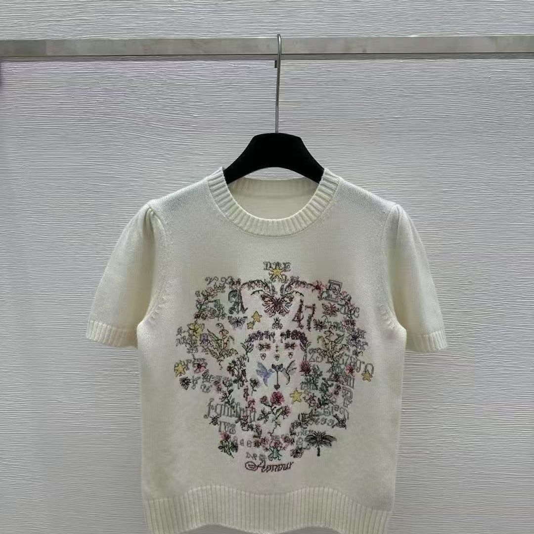 Exquisitely Designed Floral Short-sleeve Knit 2025 Embroidered Summer New Round-neck Top With An Elegant Touch_ecoleips.com