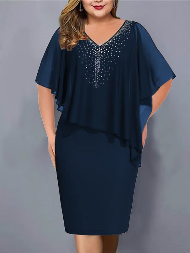 plus Size Women's Chiffon Patchwork Rhinestone Irregular mid Sleeve Dress 2023 New Cross Border Independent Website Q280_ecoleips.com