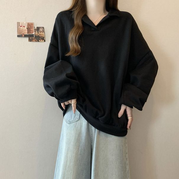 Korean Style Real Shot Solid Color Polo Collar Long Sleeve Sweatshirt For Women Spring And Autumn Thin Loose Versatile_ecoleips.com