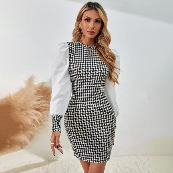 Women's Houndstooth & Solid Color Panel Dress – Round Neck Lantern Sleeve Office Wear (Polyester, Slim Fit, Mid-Length)_ecoleips.com