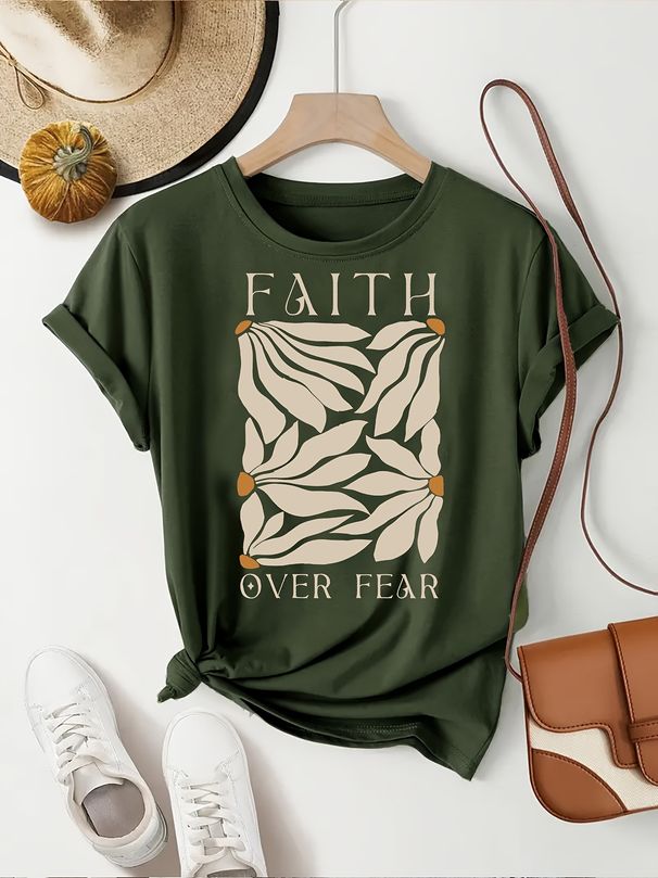 Faith Over Fear Women's Tee - Minimalist Leaf Graphic, Inspirational Casual Top_ecoleips.com