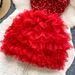 Glamorous Sequin Mesh Party Dress – V-Neck Halter Design With Puff Sleeves & Patchwork Detailing (Red/Black, S/M/L)_ecoleips.com