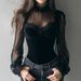 Mesh Patchwork Black Hollow Out Top Lantern Sleeve Lace Base Shirt_ecoleips.com
