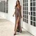 Women's Clothing New Sexy V Neck Sequined Strappy Dress Open Back High Split Long Skirt Party Dress_ecoleips.com