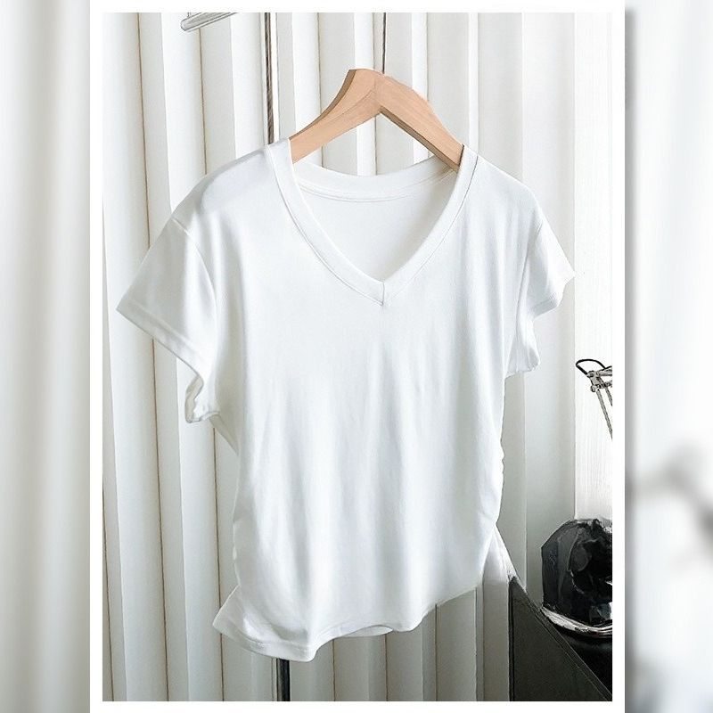 V-neck Front Shoulder Short-sleeved T-shirt Women's Slim-fit Design Bottoming Shirt Pleated Curved Hem Top_ecoleips.com
