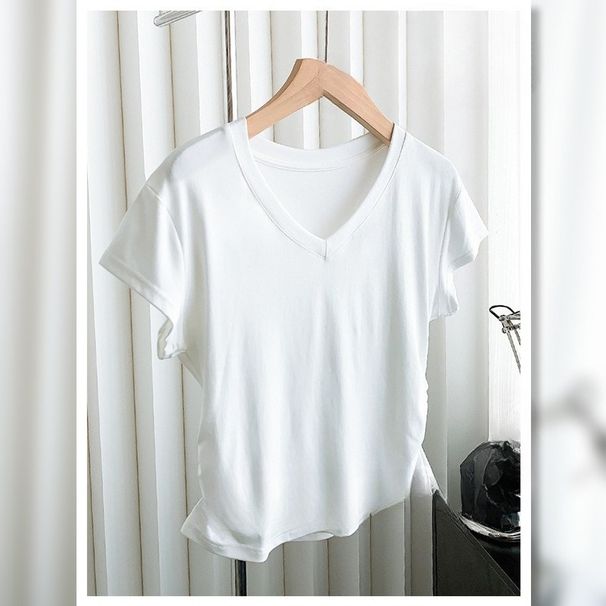 V-neck Front Shoulder Short-sleeved T-shirt Women's Slim-fit Design Bottoming Shirt Pleated Curved Hem Top_ecoleips.com