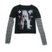 Women's Elegant Slim Fit round Neck Top Black And White Striped Patchwork Anime Cartoon Print Gothic Style New Stylish_ecoleips.com