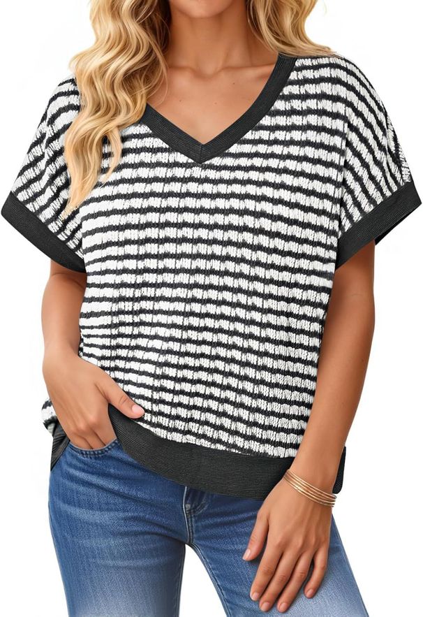 2026 Women Elegant V Neck Short Sleeve Soft Knitted Striped Loose Top_ecoleips.com