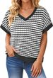 2026 Women Elegant V Neck Short Sleeve Soft Knitted Striped Loose Top_ecoleips.com
