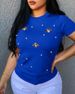 Women's Clothing Summer Elastic Beaded Butterfly Decoration Round Neck Large Size T Shirt Short Sleeve_ecoleips.com