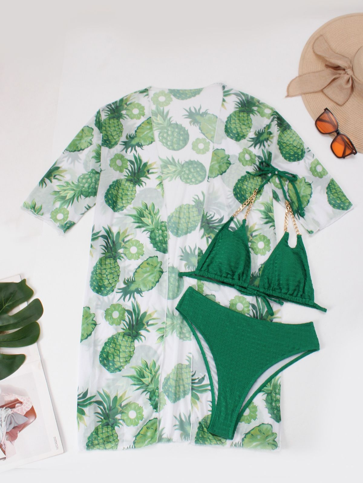"Women's 3-Piece Swimwear Set – Floral Print Bikini With Long Sleeve Cover-Up & Sexy Backless Design, Trendy Beach Outfit For Summer Vacation"_ecoleips.com