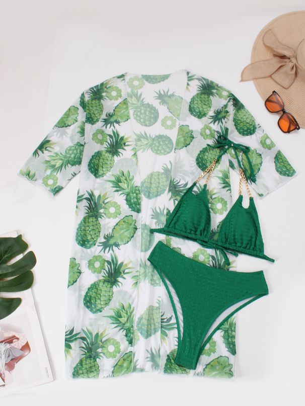 "Women's 3-Piece Swimwear Set – Floral Print Bikini With Long Sleeve Cover-Up & Sexy Backless Design, Trendy Beach Outfit For Summer Vacation"_ecoleips.com