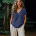 Cross-border European And American 2026 Spring/Summer New Women's Casual Loose Fashion Cotton-Linen Short-Sleeve V-Neck_ecoleips.com
