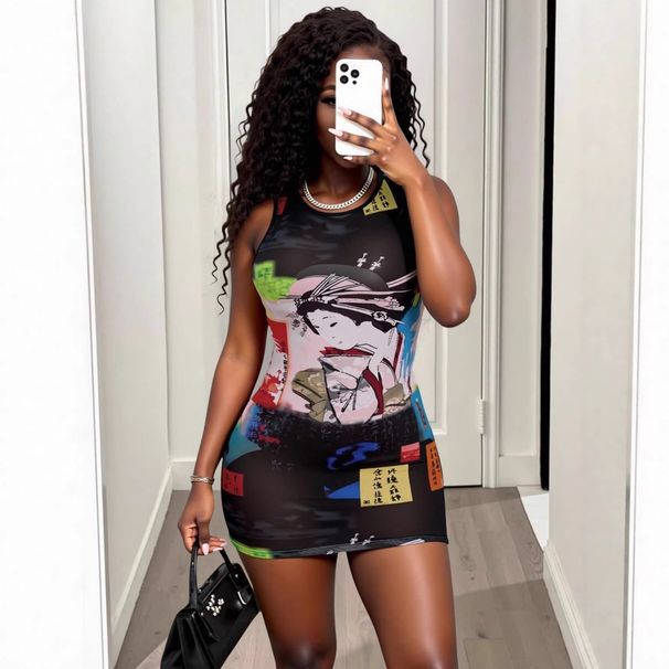 Women's Casual Trendy Breathable Mesh Sleeveless T-Shirt Vest European American Fashion Round Neck Printed Dress_ecoleips.com