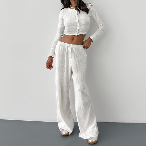 Absobe Pajamas Homewear Hollow Pants Casual Suit Women's Matching Sets Buttons Crop Cardigan Top Loose Trousers Autumn 2025 New_ecoleips.com