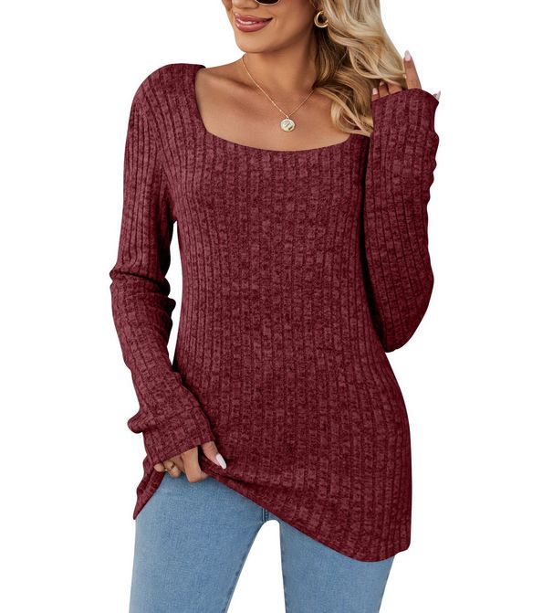 Women's Clothing Autumn Winter Square Neck Ribbed Brushed Long Sleeve Oversized Tunic Top For Women - Casual Loose Fit Soft Fabric In Wine Red_ecoleips.com