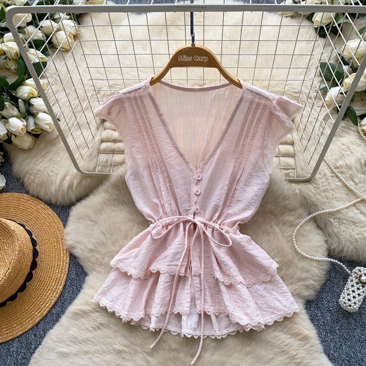 Women's French Romantic Style V Neck Tie Up Ruffle Top Sleeveless Lace Patchwork Slimming Elegant Korean Summer Shirt_ecoleips.com