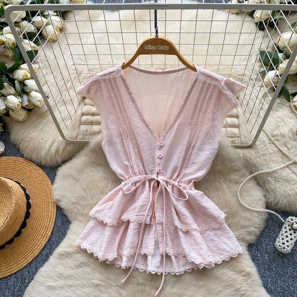 Women's French Romantic Style V Neck Tie Up Ruffle Top Sleeveless Lace Patchwork Slimming Elegant Korean Summer Shirt_ecoleips.com
