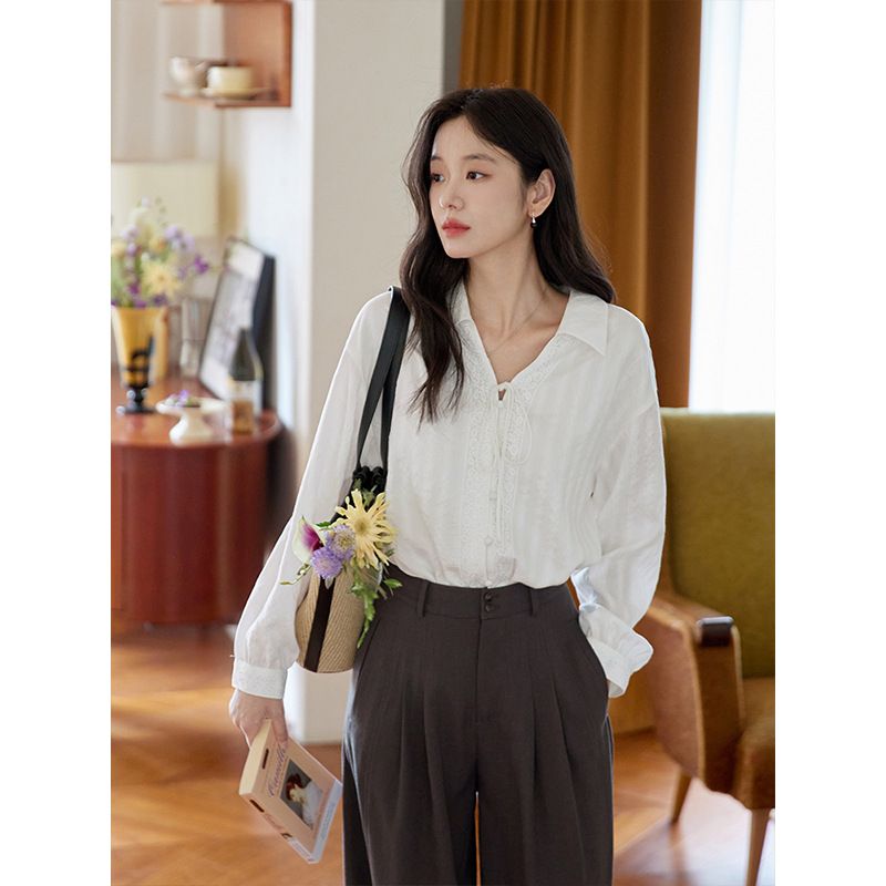 Moriirose White Collared Lace-Up Off-Shoulder Long-Sleeve Shirt For Women, Autumn French Retro Style Top_ecoleips.com