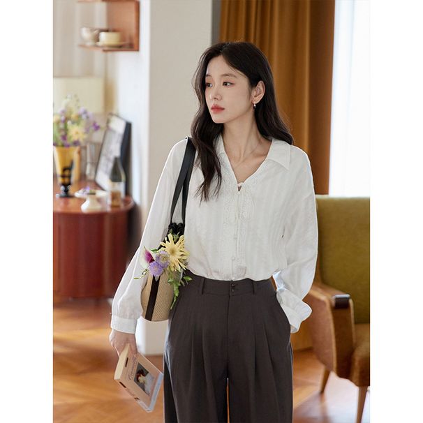 Moriirose White Collared Lace-Up Off-Shoulder Long-Sleeve Shirt For Women, Autumn French Retro Style Top_ecoleips.com