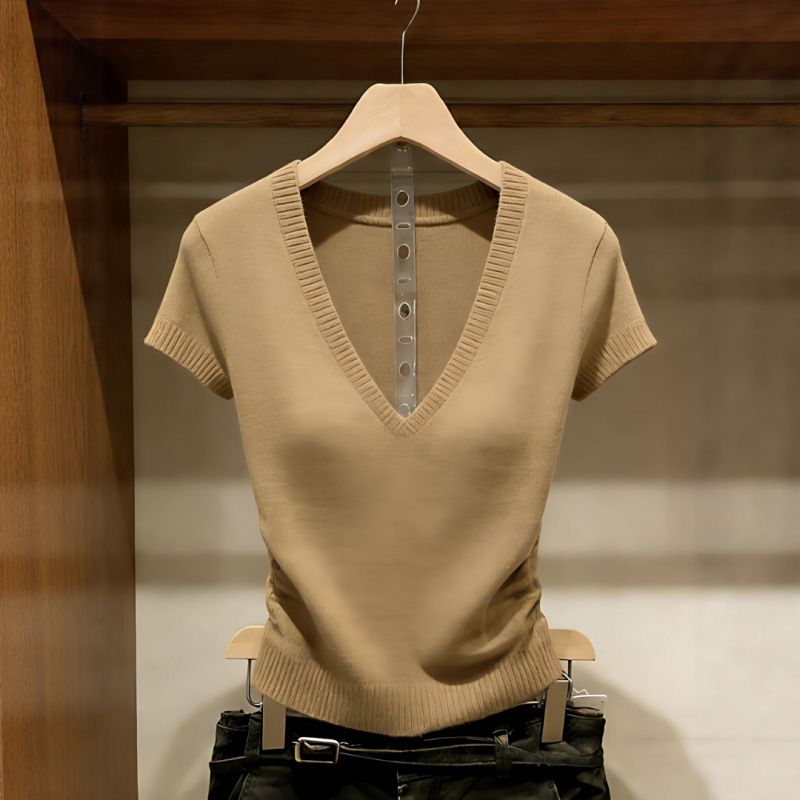 Retro Women's V Neck Short Sleeve Knit Top Khaki Slim Fit Solid Color T-Shirt For Spring/Summer_ecoleips.com