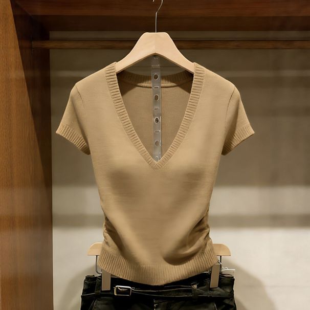 Retro Women's V Neck Short Sleeve Knit Top Khaki Slim Fit Solid Color T-Shirt For Spring/Summer_ecoleips.com