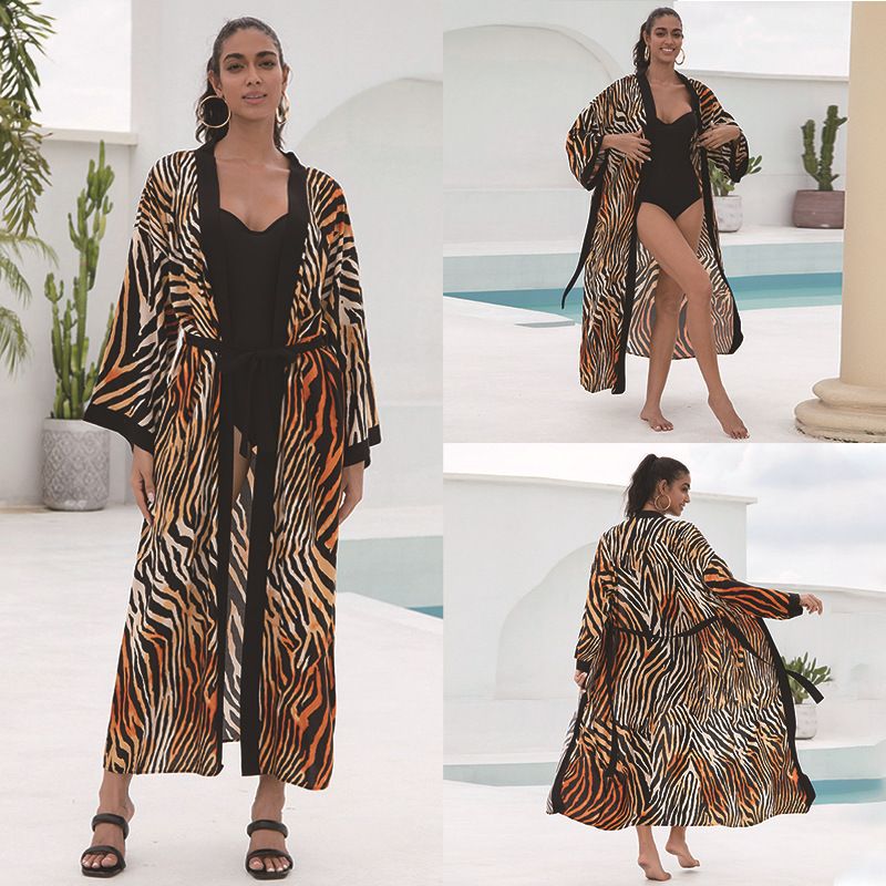 Women's 100% Cotton Printed Long Sleeve Beach Cover Up Sun Protection Kimono - Lightweight Bikini Wrap, Swimwear Cover, Vacation Outfit_ecoleips.com