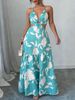 Women Maxi Dress Spaghetti Strap V Neck Cutout Waist Ring Floral Tiered Dress Boho Spring Summer Beach Vacation Flowy Dress_ecoleips.com