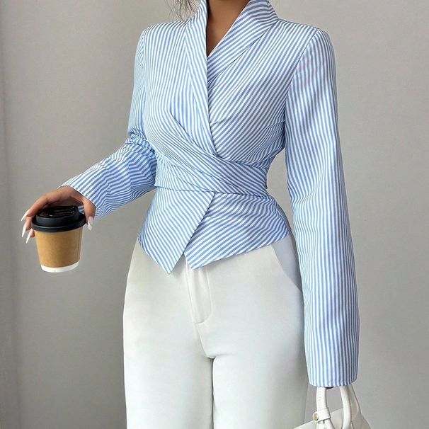 Aria Basics Aria Basics 2025 Cross-Border European And American Striped Long-Sleeve Autumn, Foreign Trade Elegant Tie-Up Shirt Cardigan_ecoleips.com