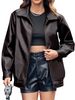 Women's PU Leather Jacket Motorcycle Style, Fashionable Biker Coat With Zipper Closure, Loose Fit Casual Outerwear For Fall/Winter_ecoleips.com