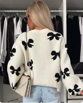 Elegant Bow-Tie Cropped Sweater For Women - Soft Polyester Blend Knit Top With Long Sleeves, Round Neck & Urban Street Style (White/Black/Camel)_ecoleips.com