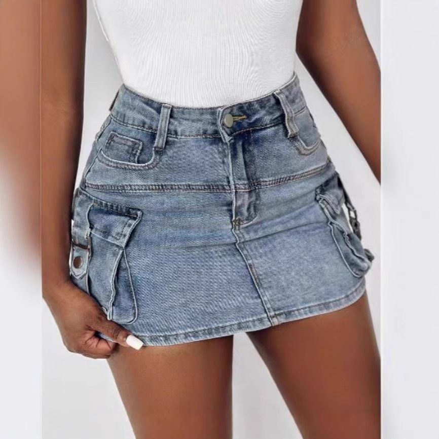 Women's Denim Hottie INS Popular Pocket Workwear Mini Skirt_ecoleips.com