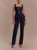 K Women's Button Up High Waisted Denim Top And Pants Set_ecoleips.com