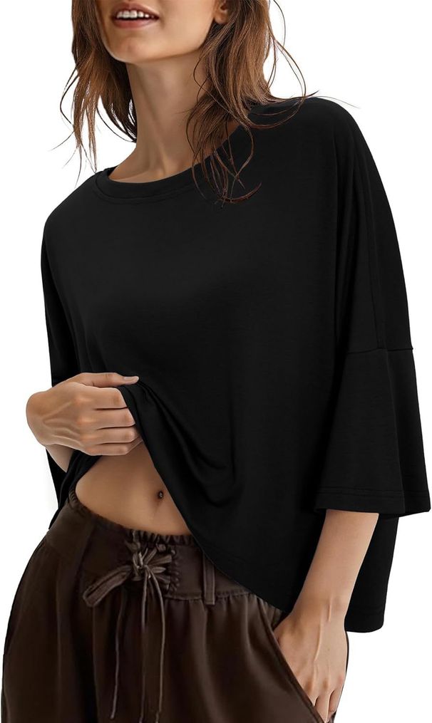 2026 European American Women Casual Oversized Elbow Sleeve Crew Neck Cotton Tops_ecoleips.com