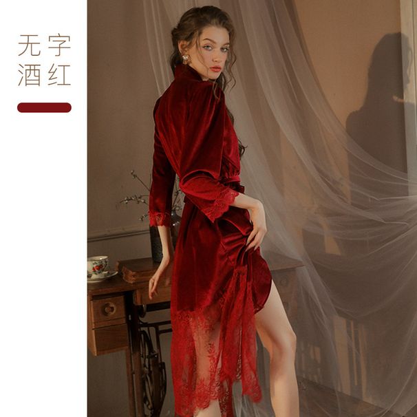 Voya Lace Women, Bride Bridesmaid, Long Velvet Robe For Spring And Autumn, Wedding Red Pajamas_ecoleips.com