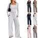 Women's Fashion Casual Solid Color Square Neck Long Sleeve Top And Wide Leg Pants Two Piece Set Spring/Autumn Sportswear_ecoleips.com