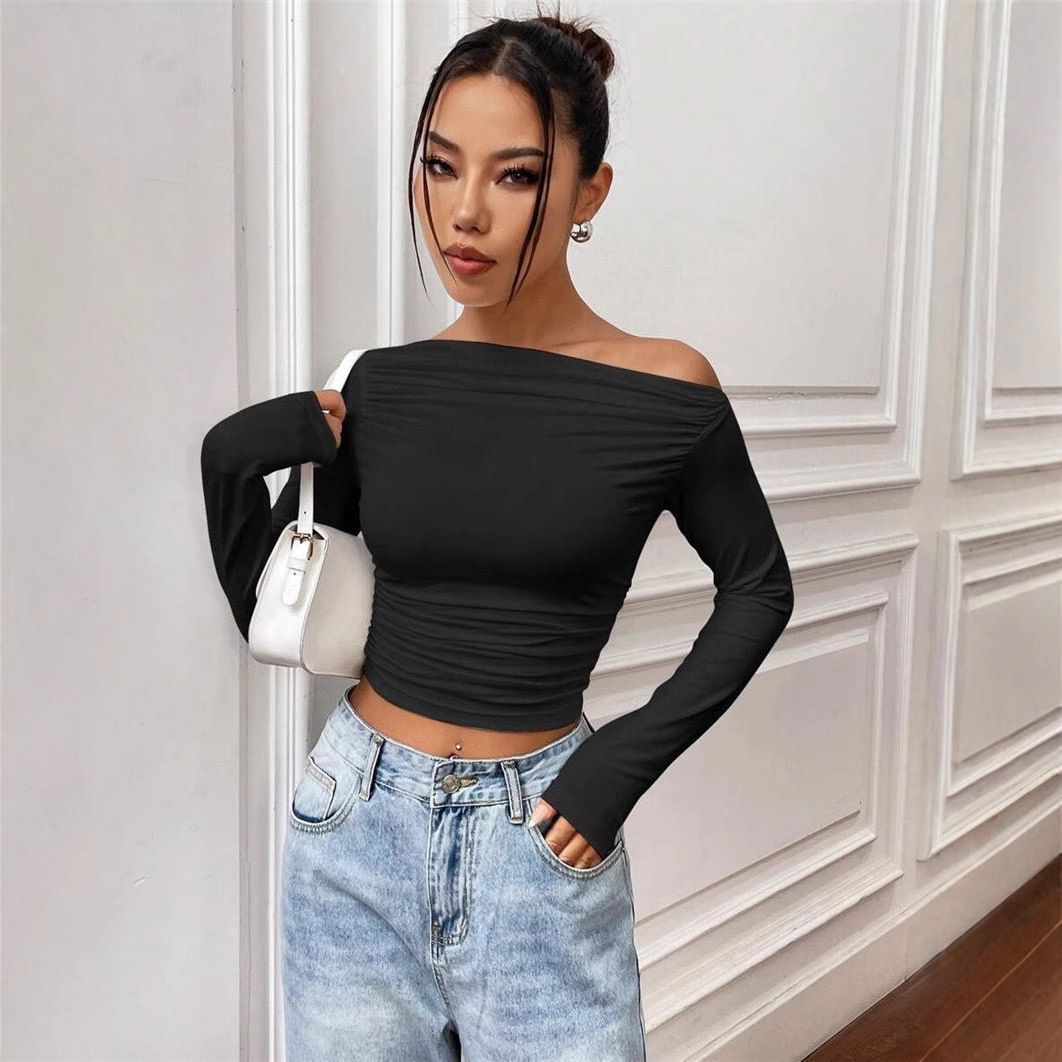 New 2025 Women's Off-Shoulder Top European American Style Solid Color Long Sleeve Slim Fit Summer Fashionable Hot Girl Wholesale_ecoleips.com