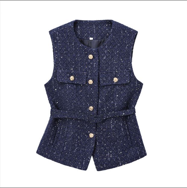 Women's Clothing New Spring And Autumn Women's Clothing Design With Belt Sequins Texture Vest Jacket_ecoleips.com