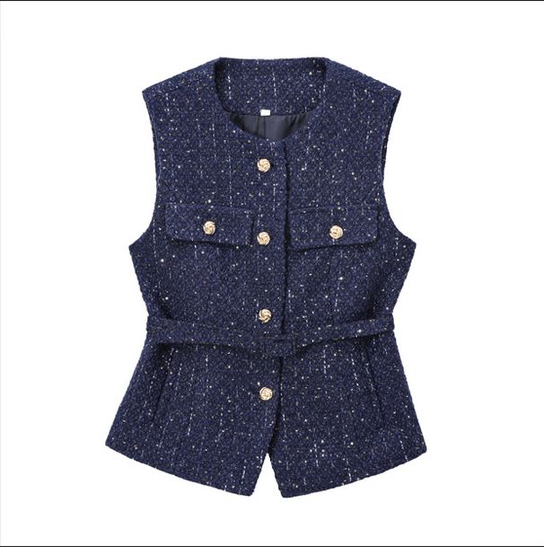 Women's Clothing New Spring And Autumn Women's Clothing Design With Belt Sequins Texture Vest Jacket_ecoleips.com