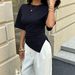 Women's Solid Color T-Shirt European American Style round Neck Irregular Hem Short Sleeve Top for Casual Fashion_ecoleips.com