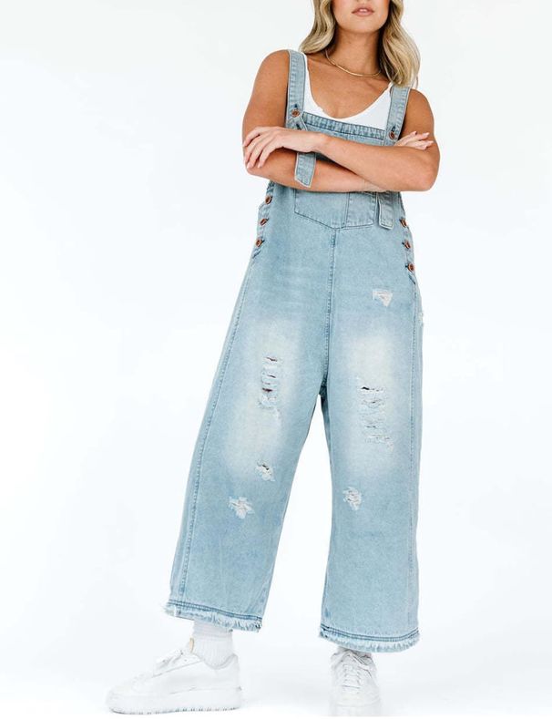 Women's Retro Distressed Ripped Wide Leg Denim Overalls Comfortable Casual Loose Fit European American Fashion Style_ecoleips.com