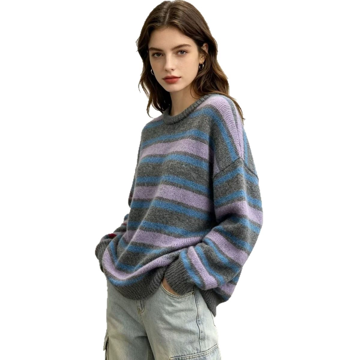 European American Retro Color Block Striped Loose Knit Sweater Women's Soft Skin Friendly Warm Drop Shoulder Oversized Pullover_ecoleips.com