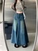 Washed Denim For Women 2025 New Autumn High Waist Slimming A-line Large Hem Patchwork Long Skirt_ecoleips.com