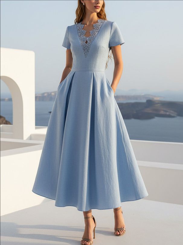 Women's Clothing Women's V Neck Dress Lace Trimmed Waist Short Sleeved Outfit For Vacation Style For Formal & Casual For Women_ecoleips.com